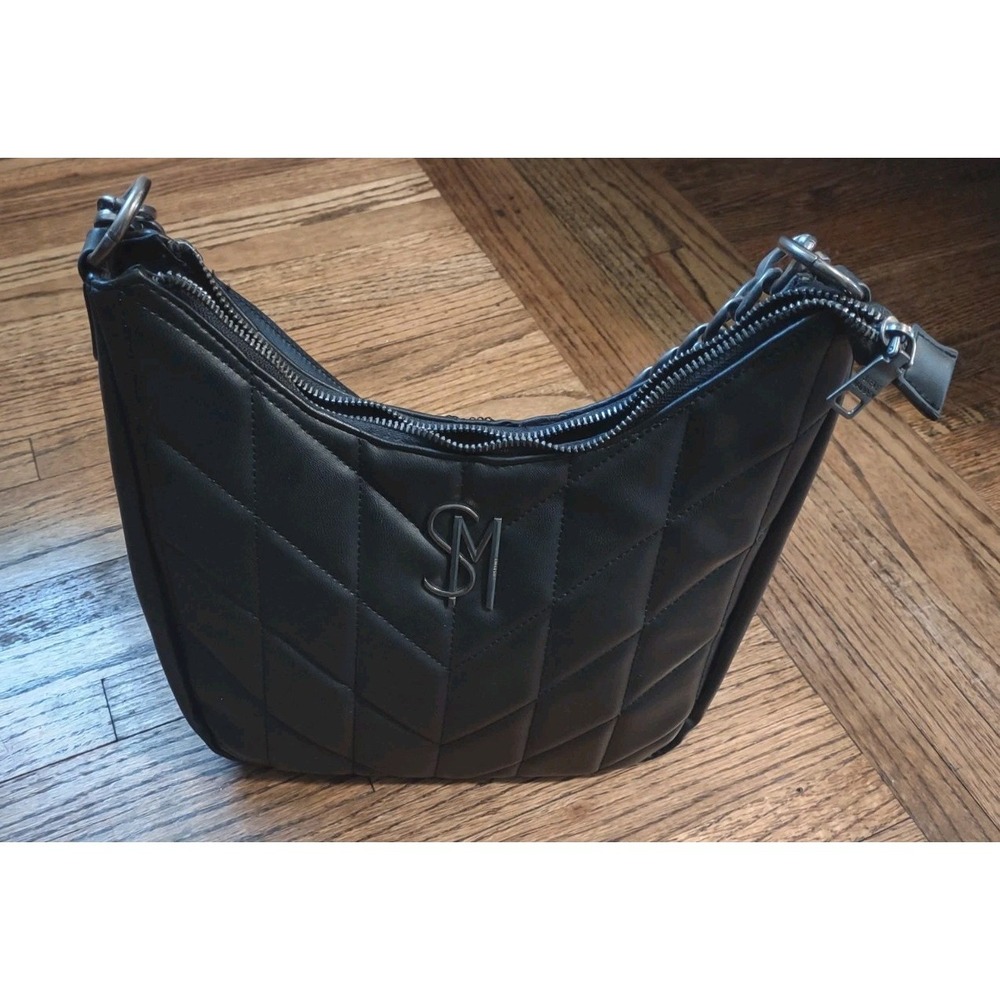 Steve Madden Black Quilted Hobo Shoulder Bag SM Logo Faux Leather Gunmetal chain